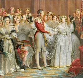 Huwelijk van koningin Victoria met prins Albert van Saksen Coburg Gotha in Saint James Palace in Londen op 10 februari 1840 (gravure)