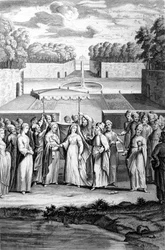 Huwelijk volgens de Hebreeuwse rite. 19e eeuwse gravure