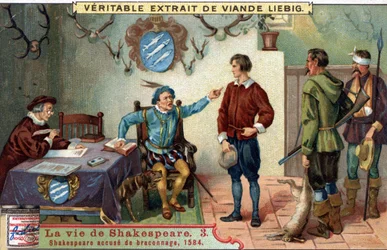 William Shakespeare (1564-1616) beschuldigd van stroperij in 1584. Chromo liebig uit het einde van de 19e eeuw.