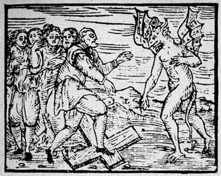 Hekserij: de duivel en de mannen die op het katholieke kruis lopen - gravure