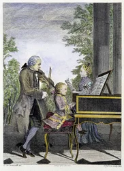 Wolfgang Amadeus Mozart kind aan de piano omringd door zijn vader Leopold op viool en zijn zus Marianne aan het zingen - gravure