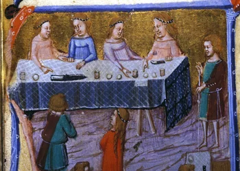 Banket van vrouwen. Miniatuur uit een 13e-eeuws manuscript