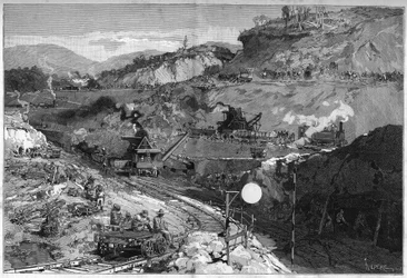 Werker op de greppelplaats in Lower Obispo voor de aanleg van het Panamakanaal. Gravure in "Le Monde Illustré"