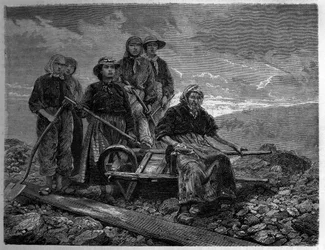 Arbeiders in de mijnen van Creusot, Saone en Loire (71). Gravure in 