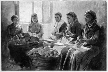 Arbeiders die puimsteen kappen Lipari Sicilië 19e eeuw gravure