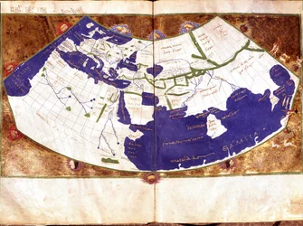 Wereldkaart van Claudius Ptolemaeus (Claude Ptolemee, 90-168 na Chr.), Griekse astronoom en astroloog - Voorstelling van de platte aarde zonder de Noord- en Zuidpool en zonder de Amerikaanse continenten - 15e eeuw Manuscript - Venetië, Biblioteca Marciana