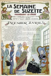 Jongeren op bezoek bij een oudere dame. Omslagillustratie van de krant "La semaine de Suzette" van maart 1926.