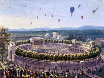 Ballonevenement in Milaan in 1830. Anonieme aquarel uit 1830