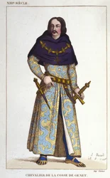 Kostuum van Chevalier de la Cosse de Genet na het jaar 1365. gravure uit 1830
