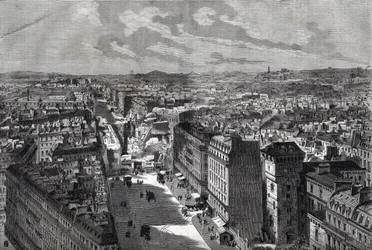 De grote werken van Haussmann - Transformaties van Parijs onder het Tweede Keizerrijk, Parijs Haussmannien (Boulevard, Haussmannien werken) - De doorbraak van de rue Étienne Marcel - van de rue Turbigo naar de Place des Victoires - gravure in 