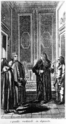 De arrestatie van de libertijn Giacomo Casanova (1725-1798) avonturier en Italiaanse schrijver. Gravure uit de 19e eeuw