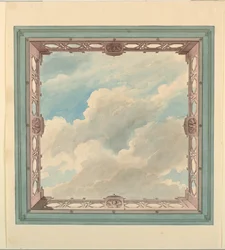 Tekening, plafondontwerp met gefretteerd balkon en open hemel, mogelijk voor serre/muziekkamer of eetkamer, ca. 1820