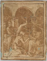 Tekening, kopie van de Doornenkroning uit de Kleine Passie van Albrecht Dürer, gepubliceerd in 1511, 1525-1600