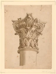 Tekening, hoekaanzicht van samengesteld kapiteel, 1625-1650