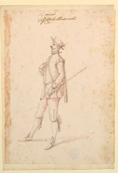 Tekening, Kostuumontwerp: Een kapitein voor een ballet, ca. 1720