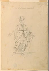 Tekening, Kostuumontwerp: Een man in fantastische kleding voor een ballet, ca. 1720