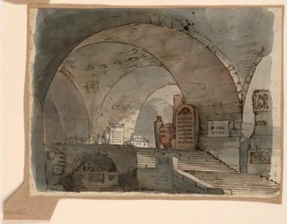 Tekening, Toneelontwerp, ondergrondse gewelfde ruimte met graven, begin 19e eeuw