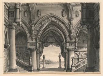 Tekening, Toneelontwerp, Uitzicht vanaf Paleis in Venetië, 1832