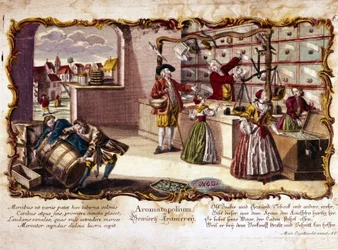 18e-eeuwse gravure die een parfumerie voorstelt