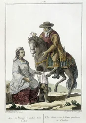 Een Métis en een Indiaan baren een cauillote - gravure