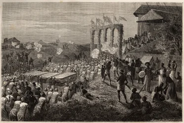 Een bruidsstoet in Tete (Mozambique). Gravure om de eerste reizen van Dr. Livingstone naar Zuidelijk Afrika van 1840 tot 1856 te illustreren, in 