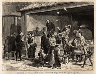 Een levendig tafereel van een straat in Edo (Tokio), met een reizende goochelaar voor een viswinkel, en een goedkope stoffenverkoper. Gravure ter illustratie van de reis naar Japan, door Aime Humbert, minister van de Zwitserse Confederatie, in 1863-1864, g