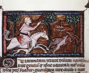 Een edelman die een hert jaagt. 15e-eeuws manuscript