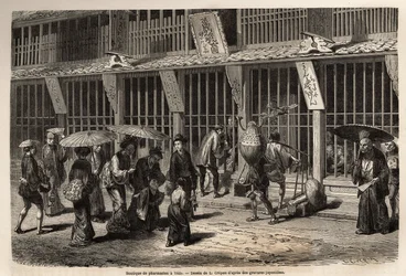 Een apotheek in Yedo (of Edo, het huidige Tokio), de apotheker werkt met zijn hulp voor de ogen van het publiek, beschermd door een houten gelakte rooster, waar de schuiten op straat wachten om bediend te worden en vervolgens betalen door het geld door te 