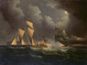 Een smokkelaarssloep achtervolgd door een marinesloep, ca. 1825