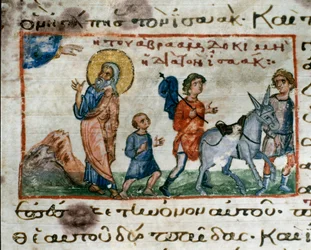 Abraham ontvangt het bevel van God om naar de berg Moria te gaan om zijn zoon Isaak te offeren Miniatuur uit 