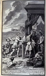 Achilles, die van de dood van Patroclus hoort en bitter om hem huilt, wordt getroost door Thetis, die hem aanspoort niet te vechten totdat ze hem nieuwe wapens brengt. Illustratie van boek XVIII van de Ilias van Homeros, Franse editie