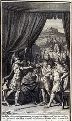 Achilles, boos op Agamemnon, zweert bij zijn scepter die hij in het midden van de Griekse vergadering gooit, hen niet te helpen; en Nestor probeert tevergeefs hen te kalmeren. Illustratie van boek I van de Ilias van Homeros, Franse editie