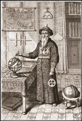 Adam Schall, astronoom (1592-1666) in mandarijnkostuum, met aard- en hemelglobes en astrolabium - in “China” door Athanase Kircher