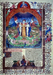 Adam en Eva in het aardse paradijs, miniatuur uit „Joodse oudheden“ van Flavius Josephus