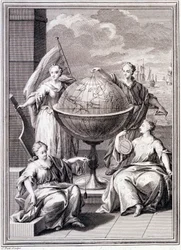 Allegorie van de Verkenning van de Wereld - in "Historical Journey of South America done by Order of the King of Spain", door Don Georges Juan en Don Antoine de Ulloa, Librairie du Roi, Parijs