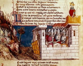 Een leger (van de koning van Pamplona?) zoekt toevlucht in een kasteel en beklimt de ophaalbrug
