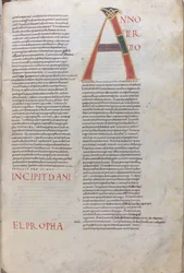 Anno tertio: Incipit Daniel Propha.Incipit van het boek van de profeet Daniel, 11e eeuw (miniatuur, vliezig handschrift)