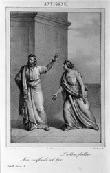 Antigone Act 4, scène 5. Italiaanse tragedie door Vittorio Alfieri geschreven in 1783 na Griekse mythologie. Gravure uit de 18e eeuw.