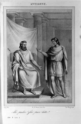 Antigone Act II, scène 1. Italiaanse tragedie door Vittorio Alfieri geschreven in 1783 na Griekse mythologie. Gravure uit de 18e eeuw.