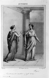 Antigone Act I, scène 3. Italiaanse tragedie door Vittorio Alfieri geschreven in 1783 na Griekse mythologie. Gravure uit de 18e eeuw