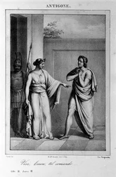 Antigone Act I, scène 3. Italiaanse tragedie door Vittorio Alfieri geschreven in 1783 naar Griekse mythologie. Gravure uit de 18e eeuw.
