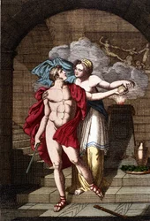 Ariadne geeft Theseus de draad zodat hij uit het doolhof kan komen - in Dizionario mitologico