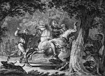 Moord op Childerik II, 675: de koning van de Franken (circa 653-675) werd gedood in het bos van Lognes door Bodillon, een heer die hij had gegeseld. Gravure uit de 18e eeuw.