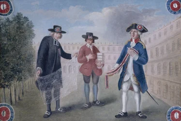 Aan de drie standen. Uithangbord voor een handelaar in kokardes in het Palais-Royal. Palais-Royal
