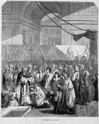 Doop van Clovis door Anastase II in de Kathedraal van Reims op 25 december 498 - in "Histoire des papes", vol. 1, Maurice Lachatre
