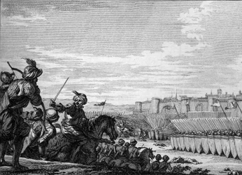 Slag bij Poitiers tussen het leger van Karel Martel en de Saracenen, 732. Gravure uit de 18e eeuw