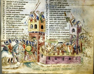 Veldslag in een versterkt kasteel. Miniatuur uit de ‘Roman de Troie’ van Benoît de Sainte-Maure.