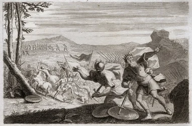 Bijbel van Royaumont, Oude Testament: Nederlaag van Saul. Sauls leger werd verslagen door de Filistijnen. Zijn drie kinderen werden daar gedood, en nadat hij zwaar gewond was geraakt in de strijd, pleegde hij zelfmoord. Illustratie uit 1811.