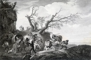 Rovers die reizigers aanvallen op een landweg. Gravure van een anonieme 18e eeuw