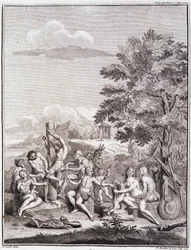Gevangenen geofferd door de Antis, in Peru - in "Historische Reis door Zuid-Amerika in opdracht van de Koning van Spanje" door Don Georges Juan & Don Antoine de Ulloa, T.II, ed. Jombert, Librairie du Roi, Parijs
